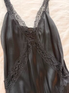 Maje Black Satin Chemise with Lace Trim